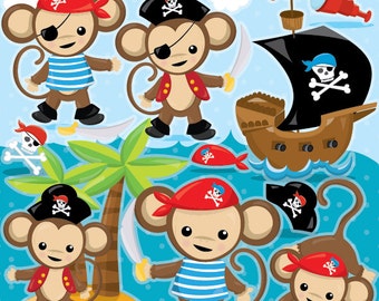 Pirate Monkey clipart commercial use, monkey vector graphics, pirate digital clip art, monkey digital images - CL986