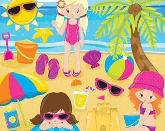 Beach party girls clipart commercial use,  kids vector graphics, vacation kids digital clip art, digital images  - CL849