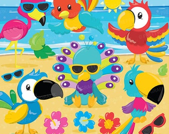 Uso comercial de imágenes prediseñadas de aves tropicales, gráficos vectoriales de loros, imágenes prediseñadas digitales de flamencos, imágenes digitales - CL880