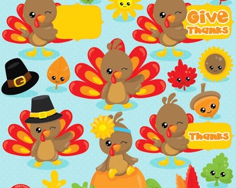 Uso comercial de imágenes prediseñadas de Acción de Gracias, imágenes prediseñadas de Turquía, kawaii, gráficos vectoriales de otoño, imagen digital de Acción de Gracias - CL1035