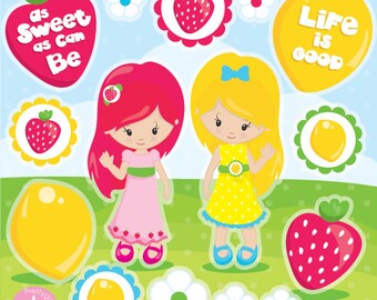 Strawberry girl clipart commercial use, lemon girl vector graphics, summer clipart, clip art, digital images - CL991