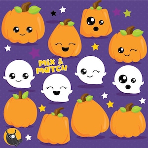 Pumpkin clipart, Jack o lantern clipart, Kawaii pumpkin commercial use, ghost vector graphics, digital clip art, - CL1006