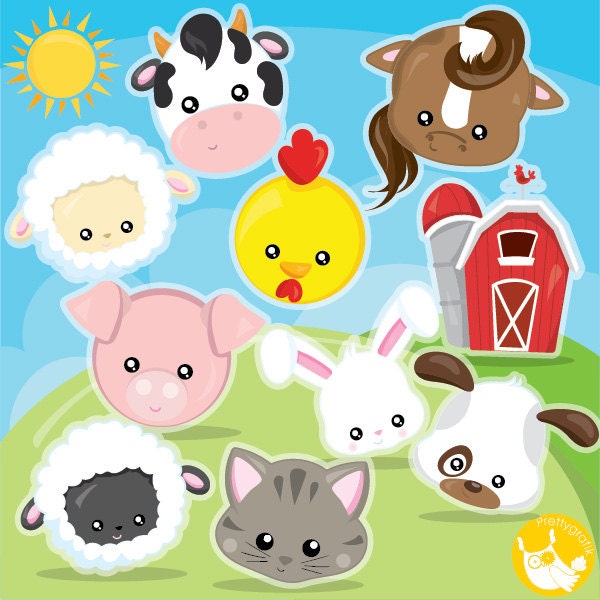 Farm animal faces clipart commercial use, barn clipart vector graphics, animal faces clip art, digital images  - CL1000