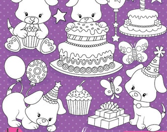 Birthday Puppy digital stamp commercial use, vector graphics, digital stamp, digital images - DS819