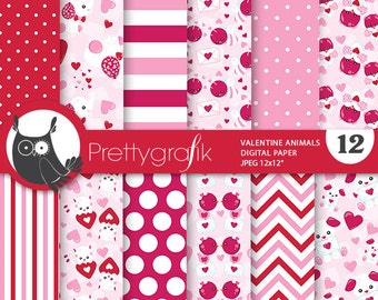 Valentine Animals digital paper, commercial use, valentine scrapbook patterns, background papers, valentine papers - PS776