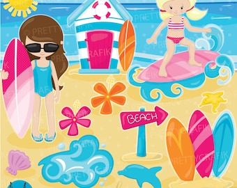 Surfer girls clipart, clipart commercial use, vector graphics, digital clip art, digital images - CL902