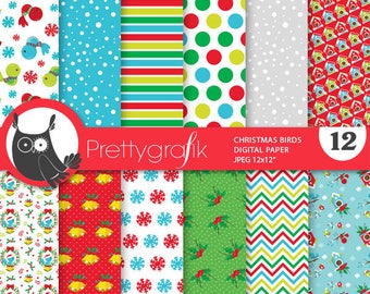 Christmas birds  digital paper, commercial use, scrapbook patterns, background chevron,  - PS892