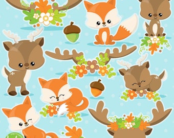 Fox clipart, Deer clipart commercial use,  animals vector graphics, antler clip art, Fall digital images - CL1027