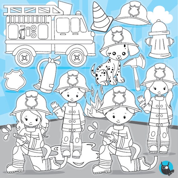 firefighter digital stamp commercial use firetruck vector graphics