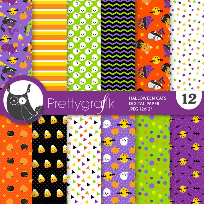 Halloween cats digital paper, Sugar Skulls commercial use, scrapbook patterns, background, ghost PS888 image 1