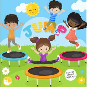 Outdoors and Recreation Clipart-girl jumping playing on trampoline clipart