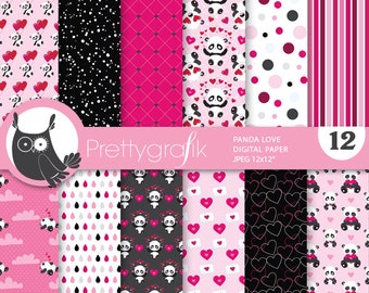 Valentine pandas digital paper, commercial use, valentine scrapbook patterns, background papers - PS972