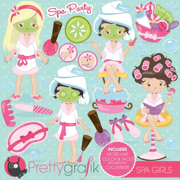 Spa meisjes partij clipart voor scrapbooking, commercieel gebruik, vectorafbeeldingen, digitale illustraties, afbeeldingen, slaapfeestje - CL694