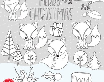 Christmas fox digital stamp commercial use, vector graphics, digital stamp,  - DS1046