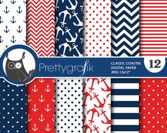 Classic coastal digital paper, commercial use, scrapbook patterns, background, anchors, nautical - PS766