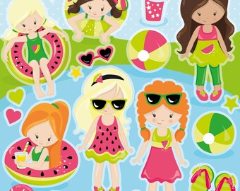 Summer Girls, clipart, clipart commercial use,  vector graphics,  clip art, digital images - CL1358