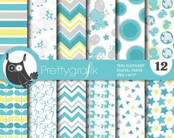 Teal elephant digital patterns, baby shower commercial use, elephant scrapbook papers, baby room background  - PS808