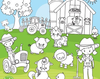 Farm animals digital stamp commercial use, black lines, vector graphics, digital stamp, farmer, friends digital images - DS1120