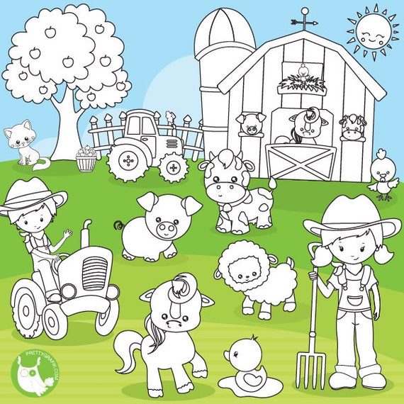 Farm animals digital stamp commercial use, black lines, vector graphics, digital stamp, farmer, friends digital images - DS1120 Il_570xn