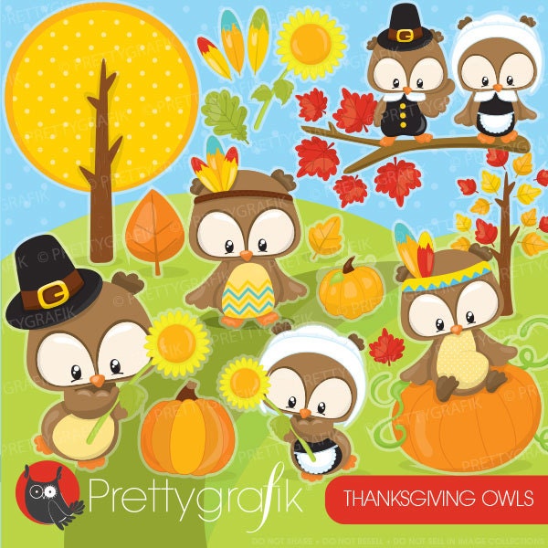 Thanksgiving owls clipart commercial use, vector graphics, digital clip art, fall, autumn - CL927