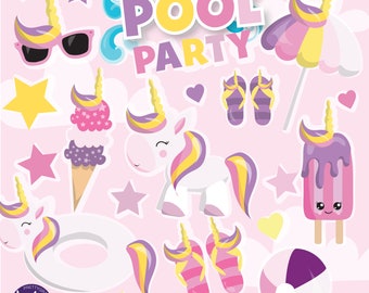 Unicorn Pool Party clipart commercieel gebruik, vectorafbeeldingen, digitale illustraties, digitale beelden - CL1259