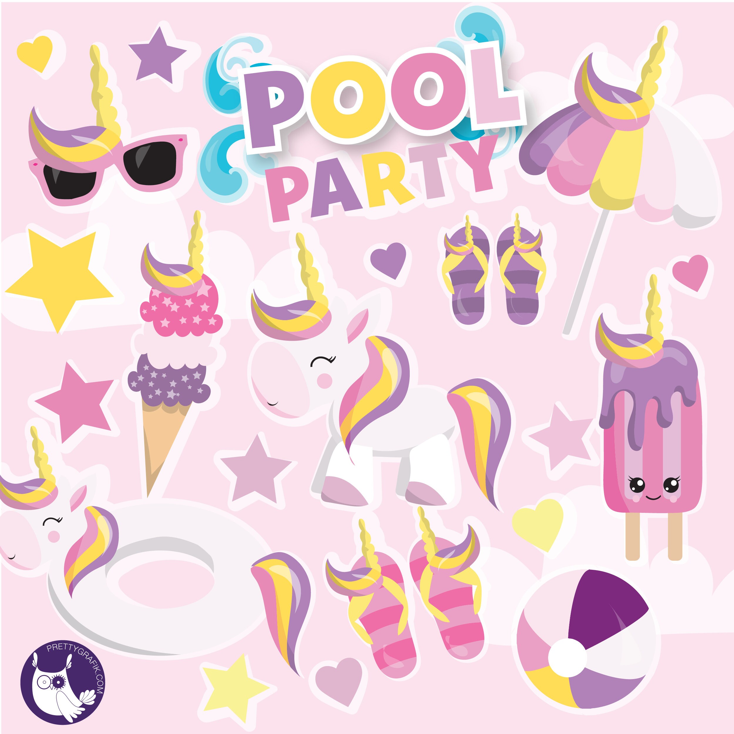 Unicorn Pool Party clipart commercial use, vector graphics, digital clip art, digital images - CL1259