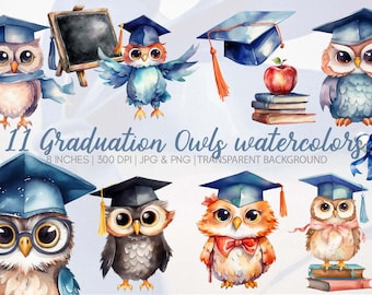 Graduation owls clipart watercolor, png, graphics, printable, commercial use, instant download