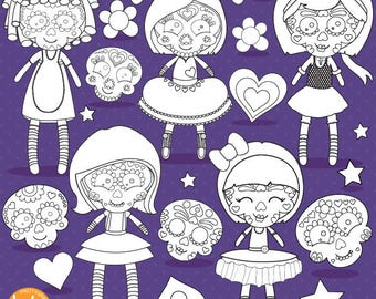 Sugar skull dolls digital stamp commercial use, black lines, vector graphics, digital stamp, halloween digital images - DS1112