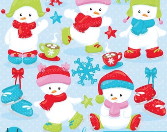 Ice skating snowmen clipart commercial use, Christmas vector graphics, digital clip art, digital images  - CL765