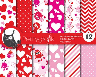 Valentine Monsters digital paper, commercial use, valentine scrapbook patterns, background papers, love monsters - PS671