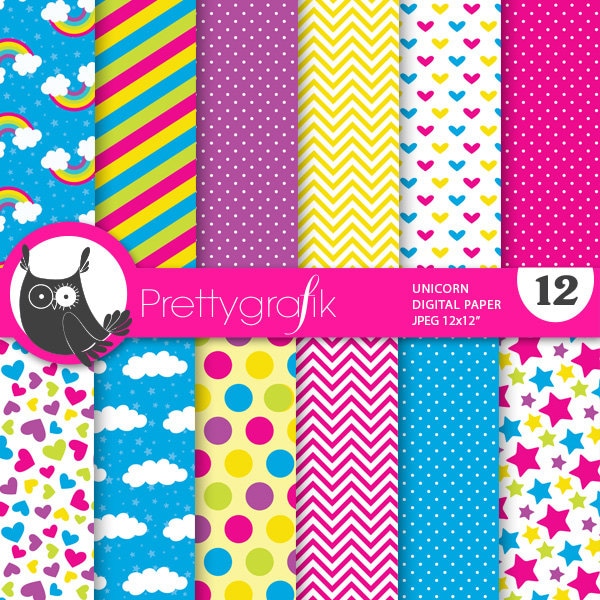 Unicorn digital paper, commercial use, scrapbook patterns, background chevron, stripes, pony, hearts - PS735