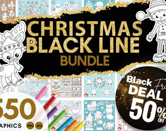 Christmas black line BUNDLE graphic set,  550 Christmas graphics commercial use, vector graphics, black and white