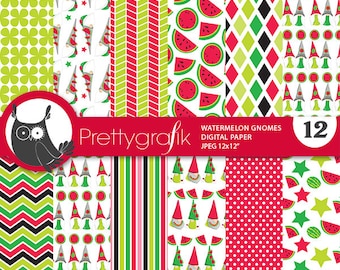 Watermelon Gnomes digital patterns, scrapbook papers commercial use, fruit scrapbook papers, background  - PS1027