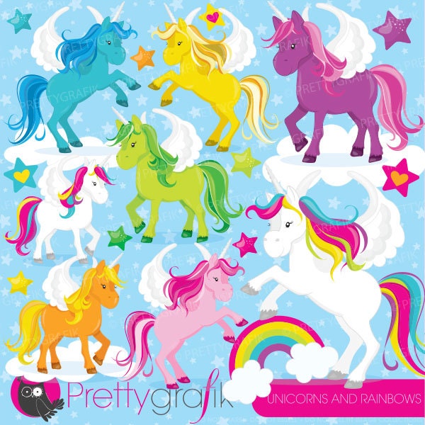 unicorns clipart commercial use, unicorn vector graphics, rainbow digital clip art, digital images  - CL775