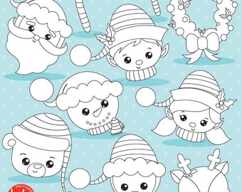 Christmas faces digital stamp commercial use, snowman vector graphics, digital stamp, christmas stamps - DS1034