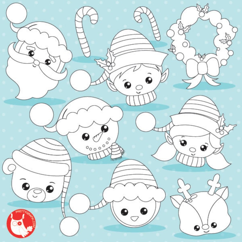 Christmas faces digital stamp commercial use, snowman vector graphics, digital stamp, christmas stamps DS1034 image 1