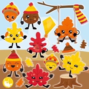 Kawaii Fall Leaves, clipart, clipart commercial use,  vector graphics,  clip art, digital images - CL1473