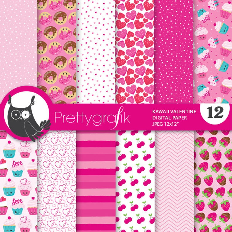 Valentine kawaii digital patterns, commercial use, scrapbook papers, papers, background PS845 image 1