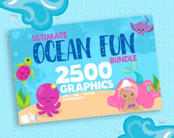 Ocean fun BUNDLE graphic set,  mermaid clipart commercial use, summer clipart, vector graphics, animals, digital images