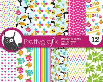 Hello Summer Toucan digital patterns, scrapbook papers commercial use, bird scrapbook papers, background  - PS1028