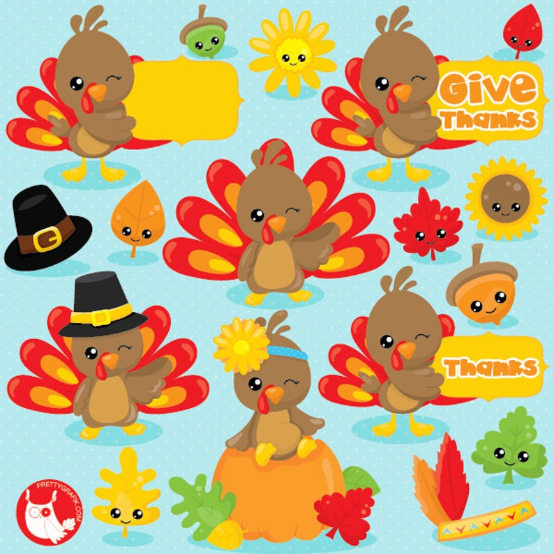 Utilisation commerciale de clipart de Thanksgiving, clipart de dinde, kawaii, graphiques vectoriels d'automne, image numérique de Thanksgiving CL1035 image 1