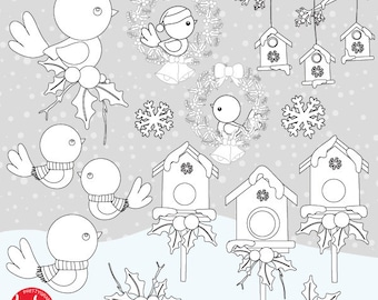 Christmas birds digital stamp commercial use, vector graphics, digital stamp,  - DS1047