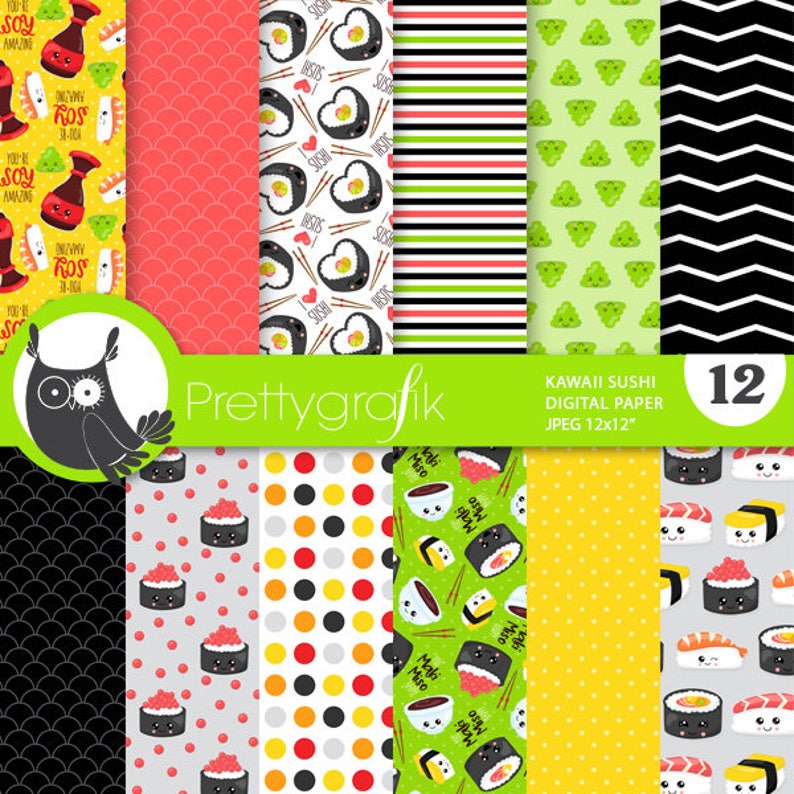 Sushi digital paper, commercial use, scrapbook patterns, background chevron, stripes PS857 image 1