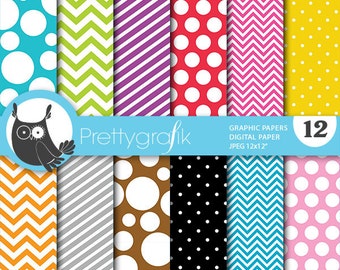 bright colors graphic digital paper, commercial use, scrapbook patterns, background polka dots, chevron, stripes - PS667