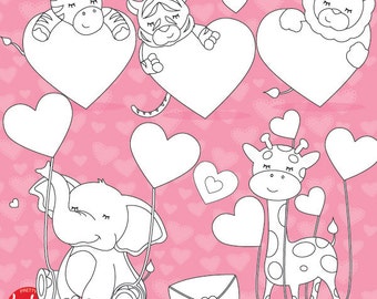 Valentine animals digital stamp commercial use, vector graphics, digital stamp  - DS630