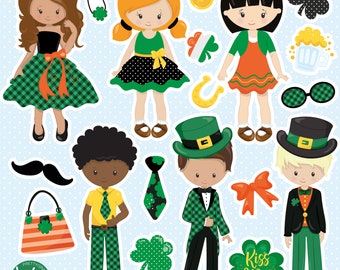 St. Patrick Fashion Kids, clipart, clipart commercial use,  vector graphics,  clip art, digital images - CL1529