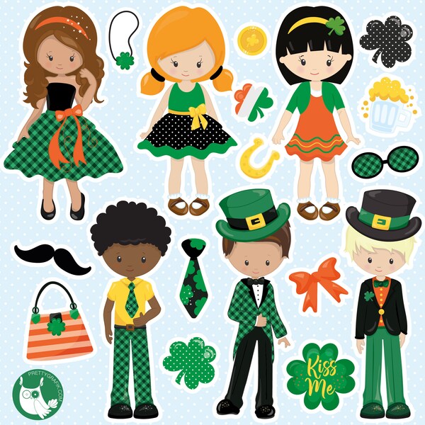 St. Patrick Fashion Kids, clipart, utilisation commerciale de clipart, graphiques vectoriels, clipart, images numériques - CL1529