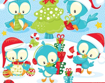 Christmas birds clipart commercial use, christmas penguins vector graphics, clipart, holiday  - CL931