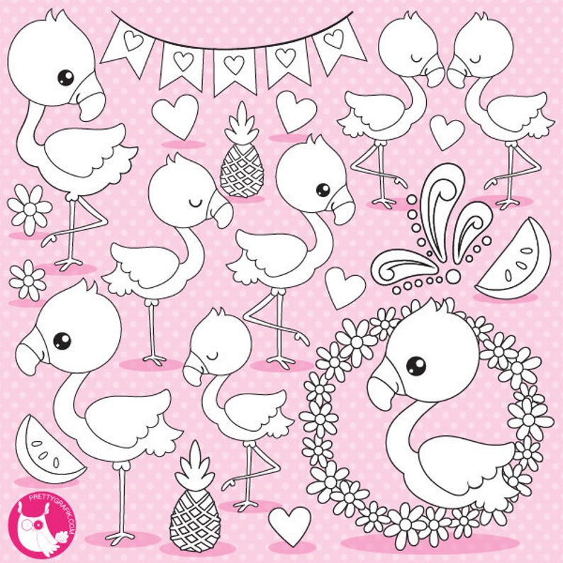 Flamingo digital stamp commercial use, black lines, vector graphics, digital stamp, digital images DS1059 image 1