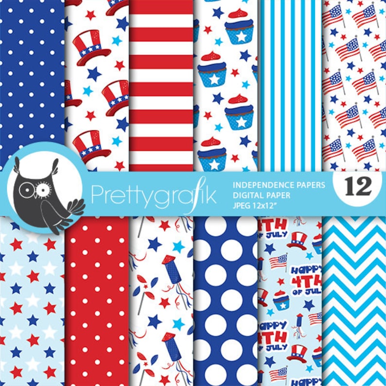 Independence day digital patterns, 4th of July commercial use, patriot scrapbook papers, background PS719 image 1